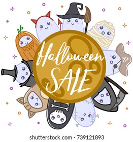 Halloween sale, cute ghosts in costumes 