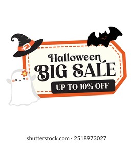 Anuncio de diseño de venta de Halloween. Hasta un 10% de descuento en Rebajas. Muestra de Precio de oferta de descuento. Símbolo de oferta especial. Insignia de la etiqueta de descuento Oferta especial Etiqueta, etiqueta engomada, etiqueta, Anuncio, publicidad, insignia, icono.