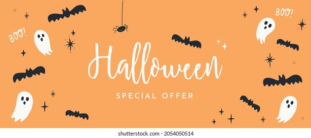 Halloween Sale Design with Hand Drawn Bats and Ghosts. Vector Illustration. Special Offer Template Suitable for Social Media Posts, Banners, Mobile Apps, Cards, Vouchers and Internet Ads.