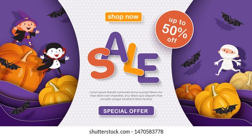 Halloween sale design. Horizontal 3d banner. Vampire, witch, pumpkin, mummy, bat, castle. Festive advertising background. Vector illustration