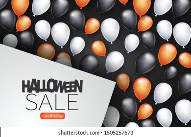Halloween sale design poster page for advertisement or invitation to a trick or trat october 31 nights. Black, white, and orange helium balloons decoration banner. Vector illustration.