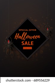 Halloween sale design poster. Vector illustration. Festive card with spiders on spider web.