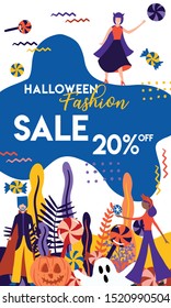 Halloween sale design for your social media and web banner. With cute flat images of people wearing Halloween costumes will make your feeds more attractive.