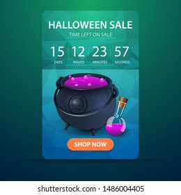 Halloween sale, discount banner with countdown timer promotions, modern banner design with polygonal texture and witch's pot with potion