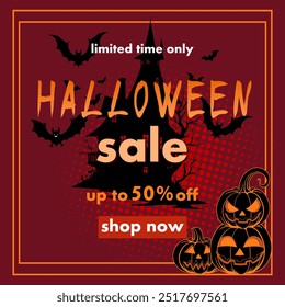 halloween sale, discount banner design on the background of creepy house, bats and carved pumpkins to promote purchases in the autumn season. bright vector illustration on a dark red background