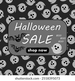 halloween sale, discount banner design on the background of lots of very cute ghost with cute round bats, to promote purchases in the autumn season. modern monochrome vector illustration en grey tones