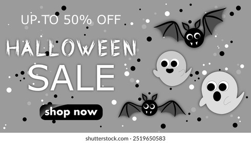 halloween Verkauf, Discount-Banner-Design auf dem Hintergrund von vielen sehr niedlichen Geist mit niedlichen runden Fledermäusen, um Käufe in der Herbstsaison zu fördern. moderne monochrome Vektorgrafik in Grautönen