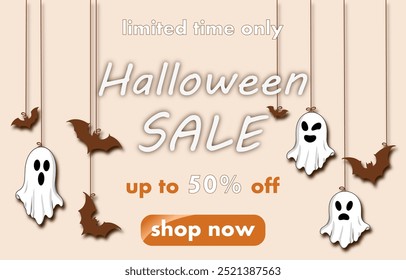 halloween Verkauf, Discount-Banner-Design auf dem Hintergrund von vielen sehr niedlichen Geist und Silhouetten Fledermäuse, um Käufe in der Herbstsaison zu fördern. Vektorgrafik mit Papierschnitt