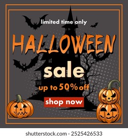 halloween sale, discount banner design on the background of creepy house, bats and carved pumpkins to promote purchases in the autumn season. bright vector illustration on a grey background