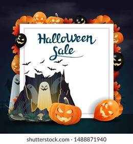 Halloween sale, discount banner in form of paper sheet with halloween decor, portal with ghosts and pumpkin Jack. Square template banner with halloween balloons, pumpkin, ghost and autumn leafs