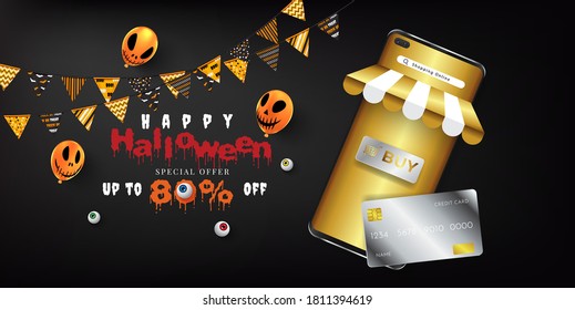 Halloween Sale, Discount, Cover Banner Design Template with Jack O' Lantern pumpkin, smartphone shop concept, party decorations, balloon, Flags garlands, and serpentine. Party invitation background.
