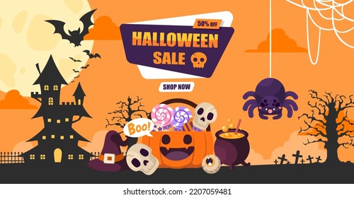 Halloween Sale Discount Decorate Pumpkin, Candy, Broom, Witch Hat, And Silhouette Haunted House. Vector Illustration Cartoon Flat Design For Banner, Poster, And Background.