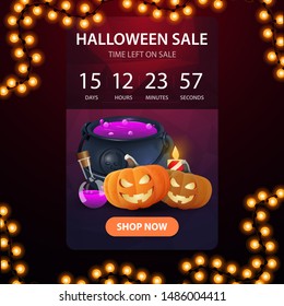 Halloween sale, discount pink vertical banner with countdown timer promotions, modern banner design with polygonal texture, witch's pot and pumpkin Jack