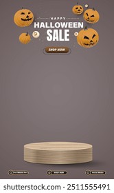 halloween sale discount portait template banner with blank space 3d podium for social media post product sale with abstract gradient brown background design 18