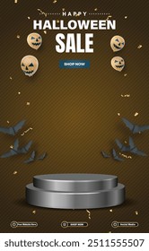 halloween sale discount portait template banner with blank space 3d podium for social media post product sale with abstract gradient brown background design 14
