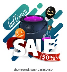 Halloween sale, discount web banner with witch's cauldron with potion. Abstract splash, liquid shape, water wave.