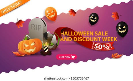 Halloween sale and discount week, up to 50% off, pink banner with tombstone, pumpkin Jack, Halloween balloons, autumn leafs and red ribbon with discount offer