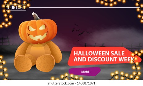 Halloween sale and discount week, horizontal modern discount banner with Teddy bear with Jack pumpkin head