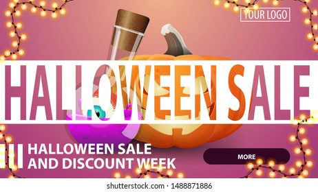 Halloween sale and discount week, horizontal pink creative discount banner with pumpkin Jack and witch's potion