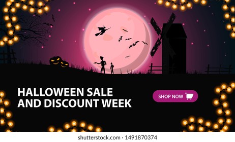 Halloween sale and discount week, horizontal discount banner for your business with pink night landscape with full moon, old mill, witches and zombie.