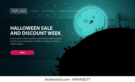 Halloween sale and discount week, horizontal discount web banner with halloween night landscape. Full blue moon with starry sky and silhouette of the planet at Halloween night