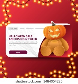 Halloween sale, and discount week, modern web banner with Teddy bear with Jack pumpkin head