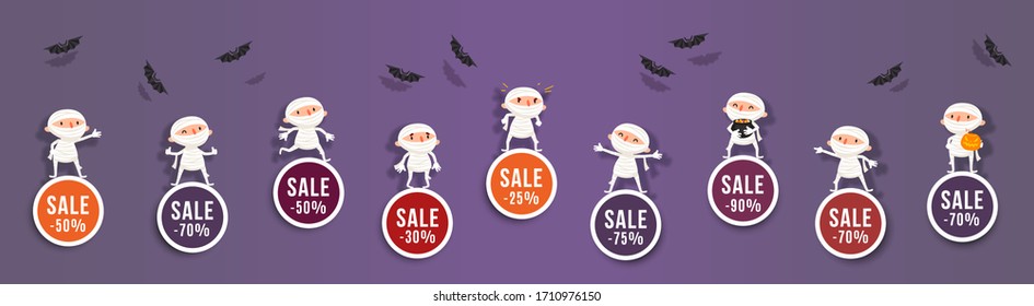 Halloween sale, discounts set of round banners with cute mummy and bats. Isolated vector clipart with amusing Halloween characters for festive sale design