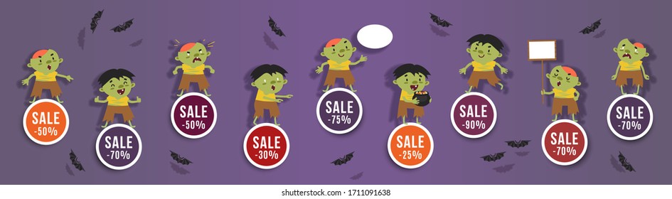 Halloween sale, discounts set of round banners with cute zombies and bats. Isolated vector stickers with amusing Halloween characters for festive sale design