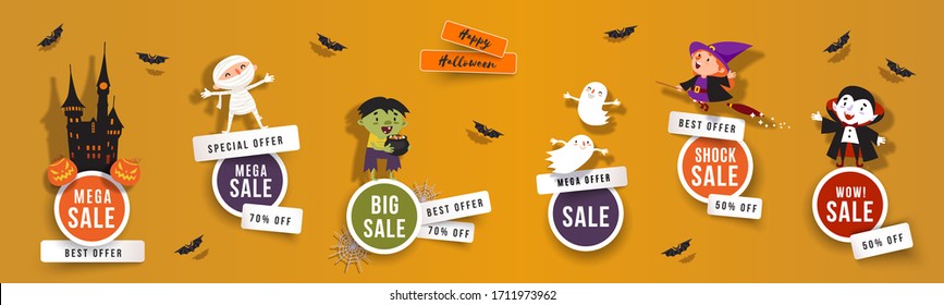 Halloween sale, discounts set of round banners with cute witch, vampire, ghost, zombie, mummy, bats. Isolated vector clipart with Halloween characters for festive sale design