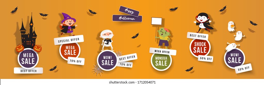 Halloween sale, discounts set of round banners with cute witch, vampire, ghost, zombie, mummy, bats. Isolated vector clip art with Halloween characters for festive sale design