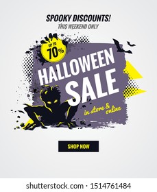 Halloween sale dynamic banner. Sale poster with brush strokes and holiday symbols. Vector illustration.
