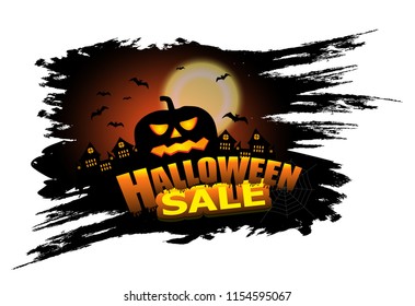 Halloween Sale elements design for poster or banner with pumpkin. Background with castle and bats. Vector illustration.