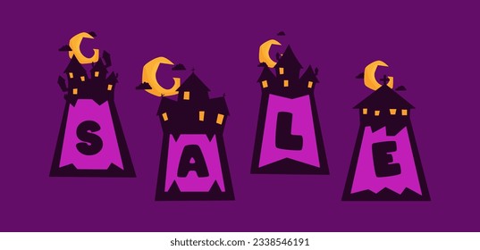 Halloween sale elements. Halloween sale promotion elements with pumpkin, skull, tombstone, coffin, vampire and haunted house decorations.