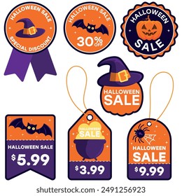 halloween sale elements, tags, pumpkin, witch hat, bat, witch pot, spider, season autumn