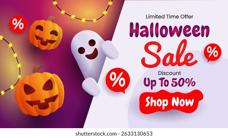 Halloween sale featuring pumpkins and a ghost, ideal for promotional materials, social media posts, festive invitations, and seasonal advertising.