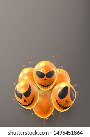 Halloween sale festive flyer. Vector illustration realistic orange air balloons with scary smiles. Halloween sale background with serpentine and confetti.