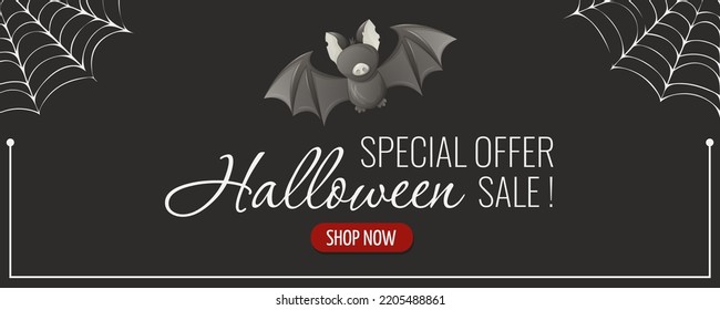 Halloween sale flyer. Bat and spider web. Vector illustration, dark background. For banner, advertising, store, special offer.