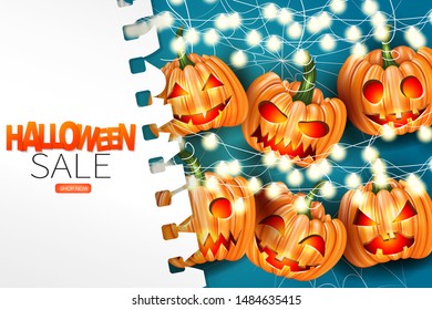 Halloween sale flyer, brochure, or banner for advertisement, invitation, presentation. Orange creepy pumpkin faces with glowing lights garland on blue background cover by a white sheet of paper