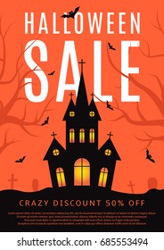 Halloween sale flyer with castle. Vector illustration. Black poster with seasonal discount offer. Halloween greeting card with bats.