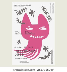 Halloween sale flyer with a pink monster cat and fun text, featuring bats and stars, perfect for event invites with a whimsical and eerie touch.