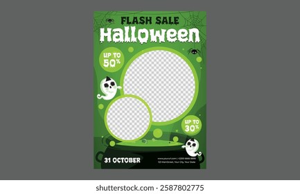 Halloween Sale Flyer. Halloween Sale Promotion Poster template with Halloween pumpkins,cute ghost,coupon,shopping bag .Website spooky or banner template. Vector illustration 