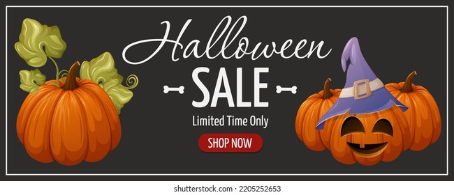 Halloween sale flyer. Pumpkin in the sorcery hat. Season vegetable, garden plant. Vector illustration. For banner, advertising, store