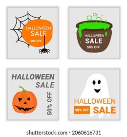 Halloween sale flyers with Halloween elements. Set of social media sale web banners design for online shop or store. Vectorillustration for poster, banner, discount, special offer.