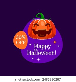 Halloween sale frame or badge with holiday pumpkin character on purple blob, sweets and . Isolated vector tag or banner with spooky grinning jack lantern inviting for the festive creepy discount night