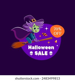 Halloween sale frame and kawaii witch character flying on broom. isolated vector promotional tag features wicked hag riding her broomstick across a spooky sky, casting an enchanting shopping spell