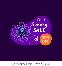 Marco de venta de Halloween con carácter de araña espeluznante en telaraña y dulces en blob púrpura. Insignia, etiqueta o Anuncio aislado de las vacaciones de espumotacular del Vector para el evento festivo de liquidación de descuentos de temporada