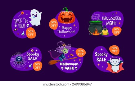 Halloween sale frames and kawaii ghost characters. Isolated cartoon vector spooky promo sale badges, tags or banners set for seasonal discount with funny spooks, witch on broom, spider and pumpkins