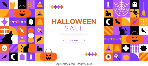 Halloween sale geometric mosaic web template illustration. Modern business discount holiday cartoon icon background, fun online shop offer promotion. Spooky internet store event banner. 