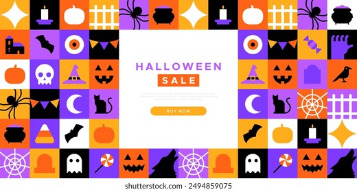 Halloween sale geometric mosaic web template illustration. Modern business discount holiday cartoon icon background, fun online shop offer promotion. Spooky internet store event banner. 