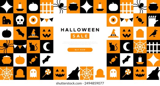 Halloween sale geometric mosaic web template illustration. Modern business discount holiday cartoon icon background, fun online shop offer promotion. Spooky internet store event banner. 